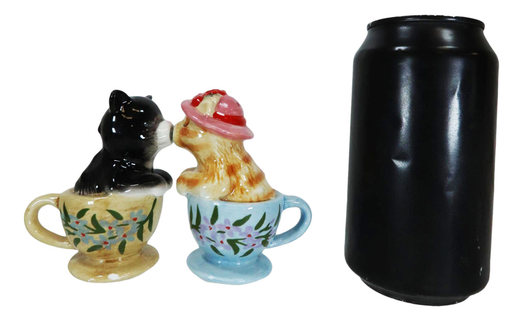 Ceramic Tabby And Black Cats In Tea Cups Magnetic Salt and Pepper Shaker Set