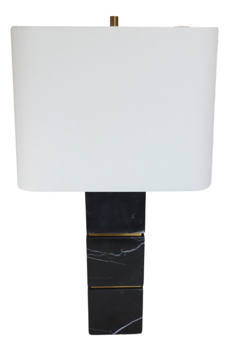 27"H Contemporary Elegant 3 Black Marble Cubes Gold Trim Table Lamp Fabric Shade