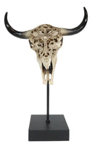 Western Rustic Tooled Bull Cow Skull With Celtic Cross Sculpture On Pole Display