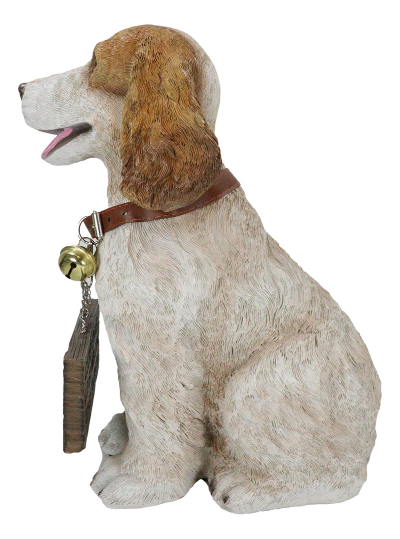 Tan And White English Cocker Spaniel Dog With Welcome Jingle Collar Sign Statue