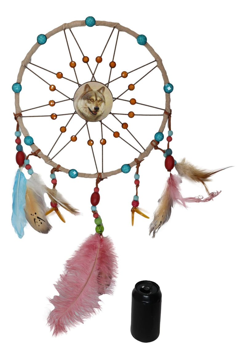 Set Of 2 Southwestern Indian Boho Chic Moon Gray Wolf Feather Wall Dreamcatchers