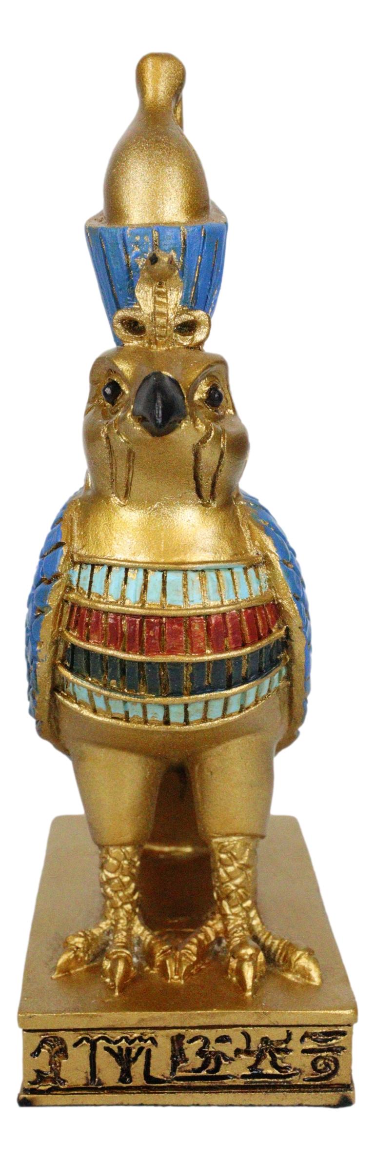 Egyptian God Horus Falcon Bird With Pschent Crown On Royal Pedestal Figurine