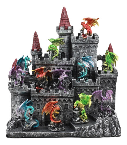 Medieval Mini Dragons Guarding King's Landing Castle Fortress Display Statue Set