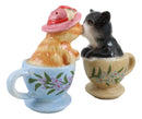 Ceramic Tabby And Black Cats In Tea Cups Magnetic Salt and Pepper Shaker Set