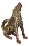 Steampunk Armor Geared Golden Robotic Alpha Wolf Howling At The Moon Statue