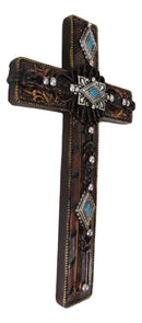 Rustic Western Turquoise Gems Silver Conchos Tooled Leather Wall Cross Decor