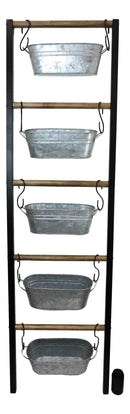 75"H Rustic Galvanized Metal Wood Farmhouse Planter 5 Bucket Tiered Ladder Decor