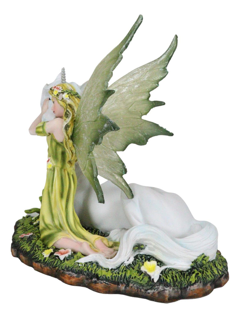 Ebros Gift Green Earth Gaia Fairy with Rare Floral White Unicorn Statue Decor Figurine 7" Long Unicorns Glade Enchanted Magical Encounter Collectible