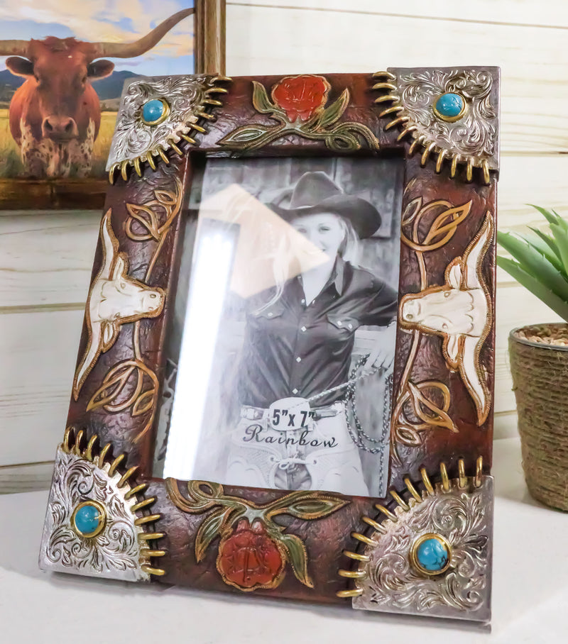 Rustic Western Longhorns Silver Conchos Turquoise Gems Picture Photo Frame 4"X6"