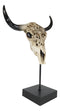 Western Rustic Tooled Bull Cow Skull With Celtic Cross Sculpture On Pole Display