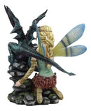 Large Dragonfly Fairy With Azure Ice Dragon Statue 12.5"Tall Lady Of The Lake