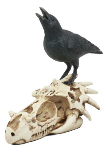 Ghost Scavenger Bird Raven Crow Resting On Dragon Skull Fossil Figurine