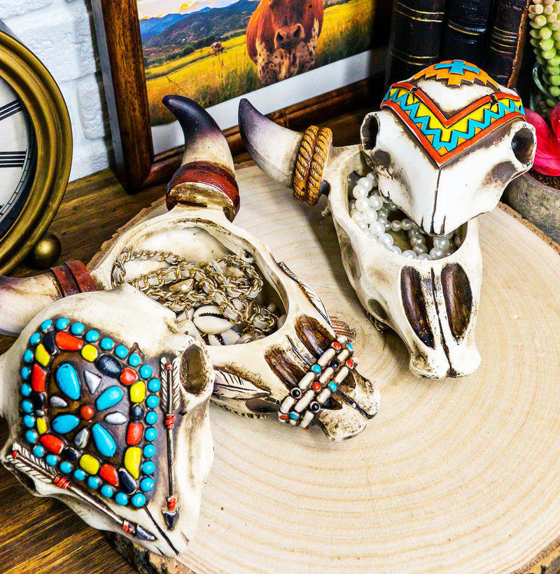 Set Of 2 Southwest Rustic Cow Skull With Turquoise Navajo Patterns Trinket Boxes