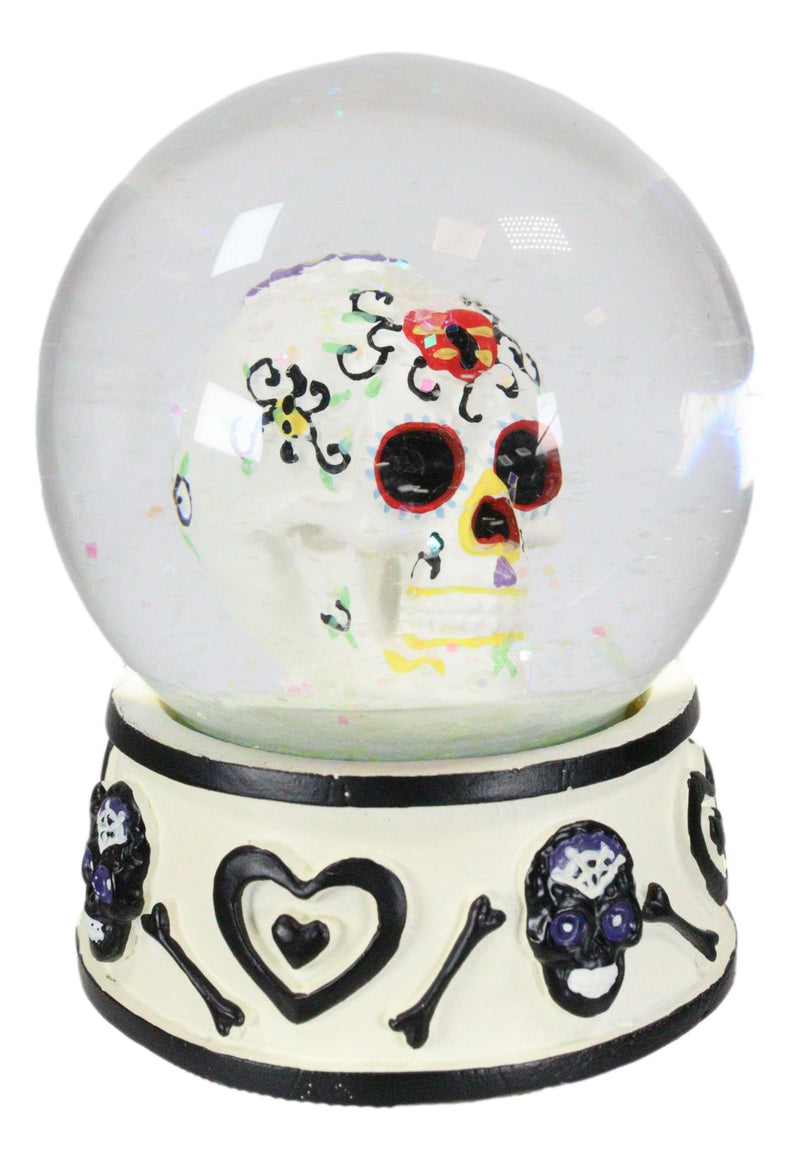 Black And White Hearts And Bones Day of the Dead Sugar Skull Small Water Globe