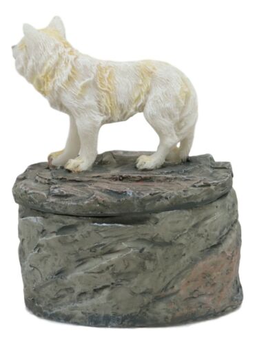 Small Albino White Wolf Rounded Jewelry Decorative Box Figurine Decor