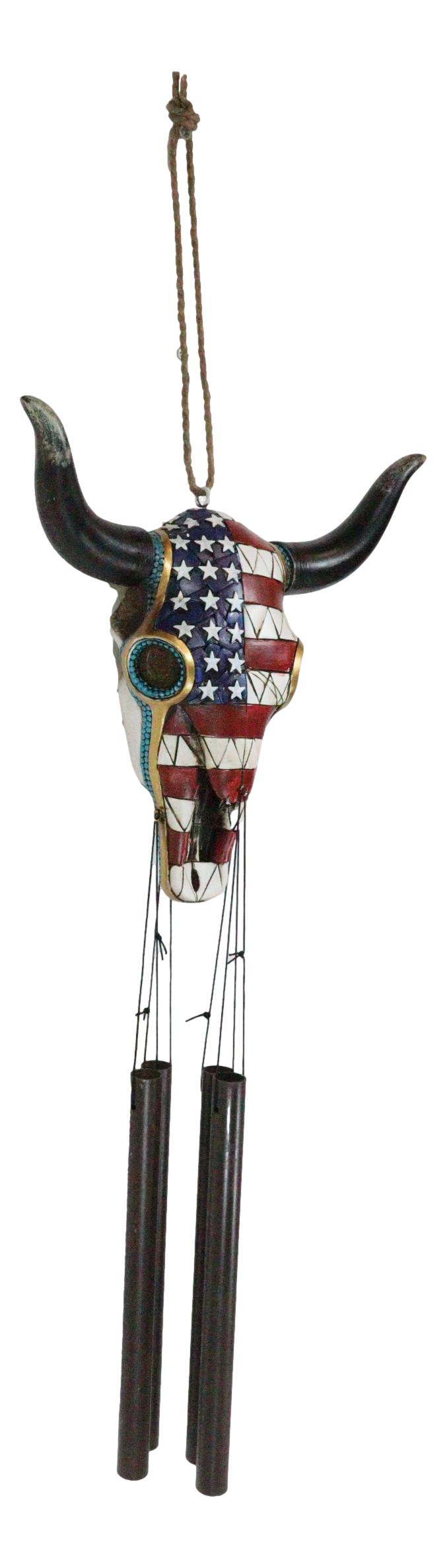 Large Rustic Western Patriotic Bull Cow Skull With US Flag Decorative Wind Chime