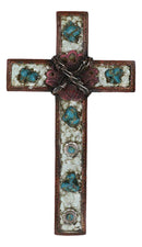 Rustic Western Crackled Turquoise Stones On White Rocks Barbed Wires Wall Cross