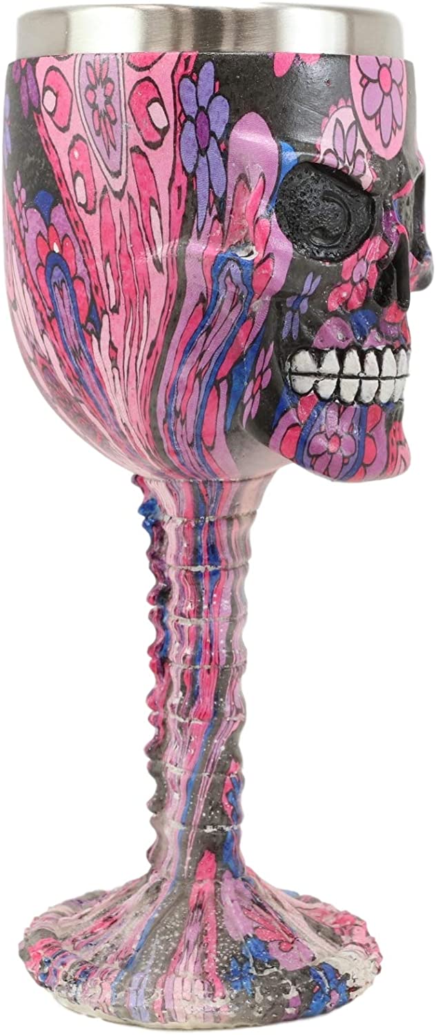 Ebros Pink Floral Sugar Skull Wine Goblet Chalice Beverage Drinkware 7.25"H