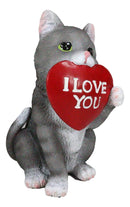 Feline Gray Tabby Cat Kitten Holding Large Red Heart Sign I Love You Figurine