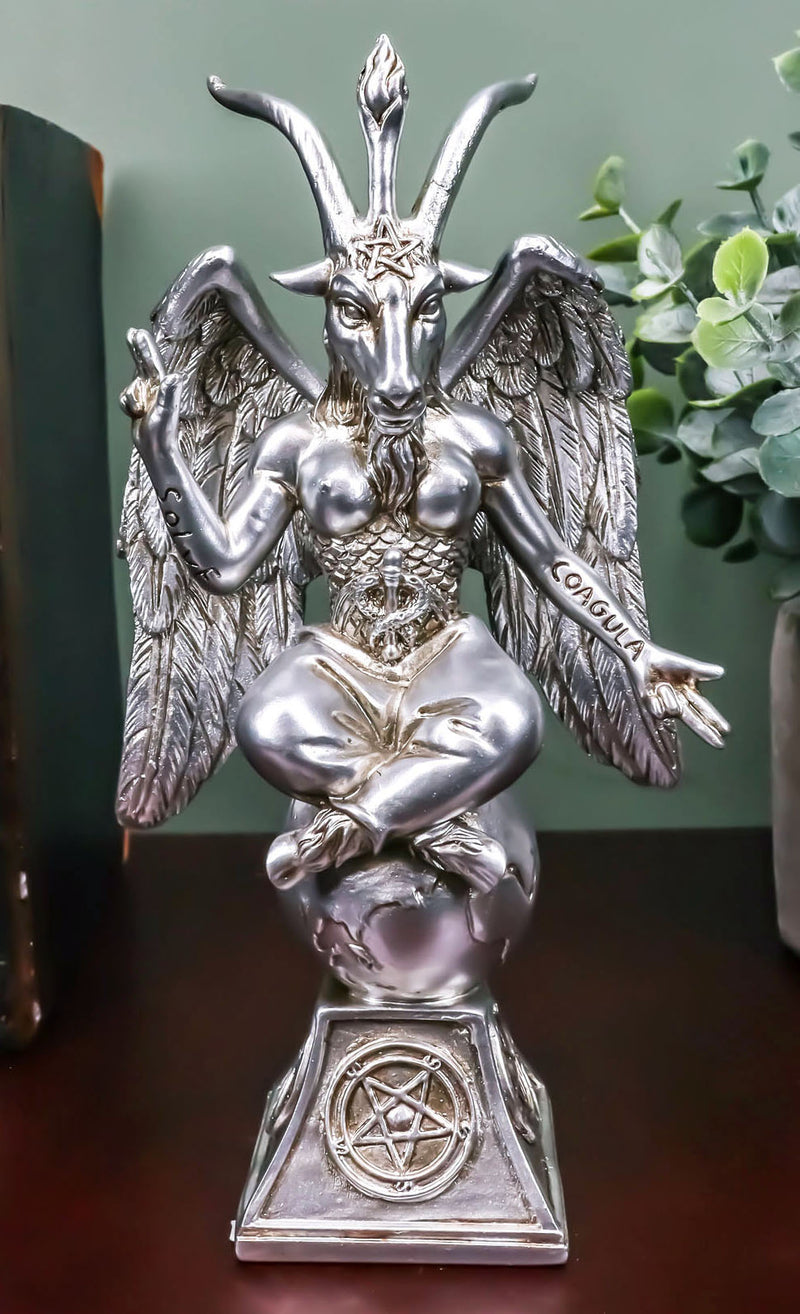 Antiqued Silver Finish Sabbatic Goat Idol Baphomet Pentagram Figurine 6.5"H