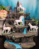 4 Miniature Rare Unicorn Pieces With Waterfall Castle Fortress Display Figurine