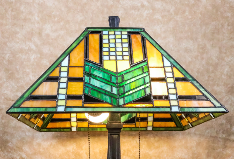 Louis Comfort Tiffany Mission Style Geometric Green Arrow Glass Shade Table Lamp