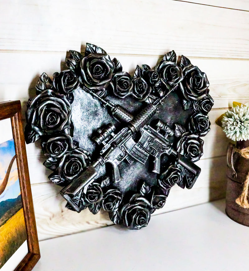 Gunmetal Roses and Rifle Guns Heart Shape Gothic Wall Decor Art Plaque Figurine