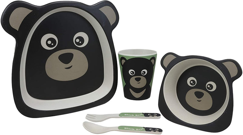 Ebros Black Bear 5 Piece Organic Bamboo Dinnerware Set For Kids Children Toddler