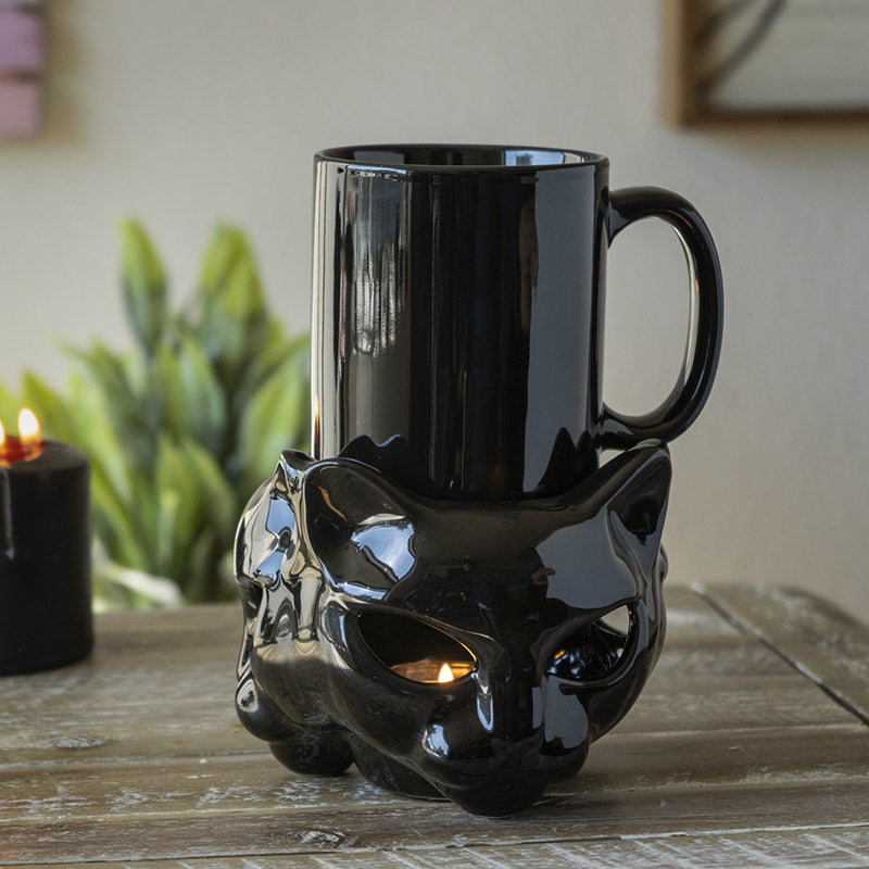 Wicca Witch Feline Cat Black Cup With Candle Holder Mug Warmer Shadow Caster Set