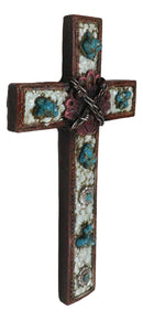 Rustic Western Crackled Turquoise Stones On White Rocks Barbed Wires Wall Cross