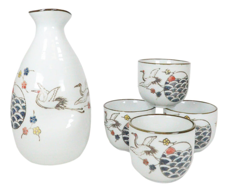 Japanese Design Stork Flight Bird Ceramic White Sake Set Flask With Four Cups