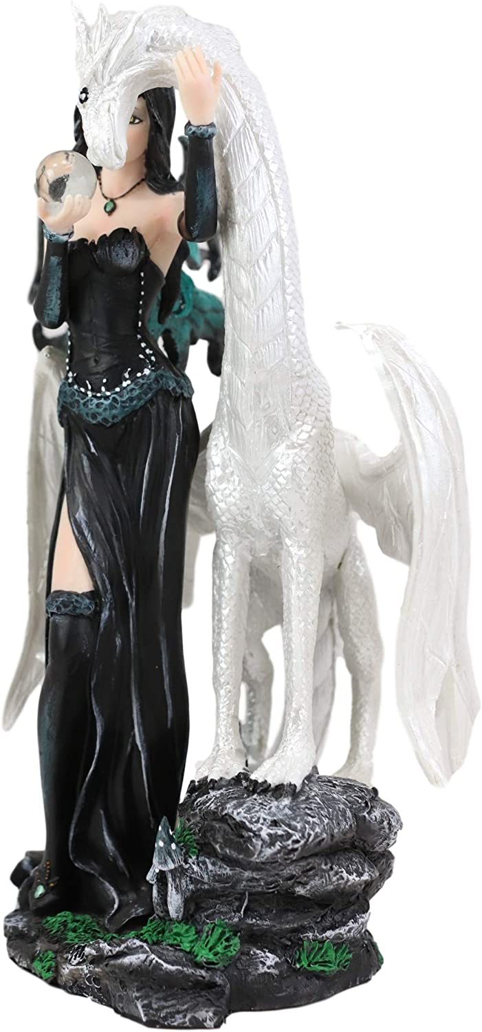 Gothic Pearl Visionary Fairy Strolling With Solar Viserion Dragon Pet Figurine