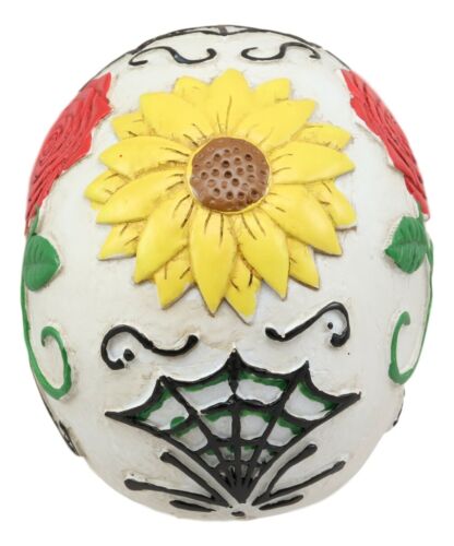 White Sunflower Floral Day of the Dead Sugar Skull With Eyes Of Red Roses Statue