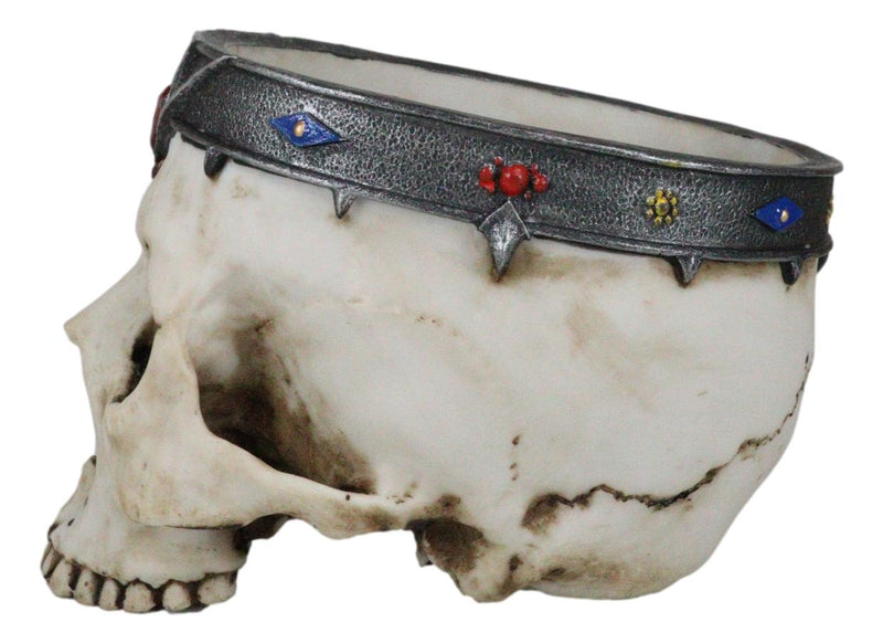 Medieval Gothic Skeleton King Skull With Bejeweled Crown Bowl Planter Figurine