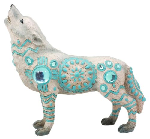 Turquoise Heavens Native Tribal Howling Snow Wolf Totem Spirit Figurine 6.25"L