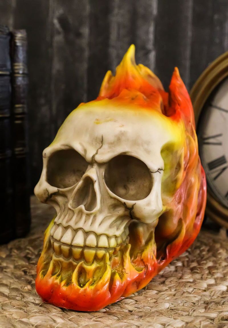 Ebros Ghost Rider Skull with Fire Flame Skeleton Figurine Halloween Decor 6"L