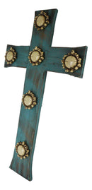 Rustic Western Distressed Wood Turquoise Blue Faux Antler Bone Crowns Wall Cross