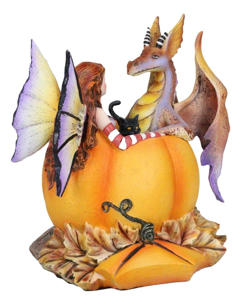 Amy Brown Halloween Fairy Black Cats And Dragon In Pumpkin Fall Leaves Figurine