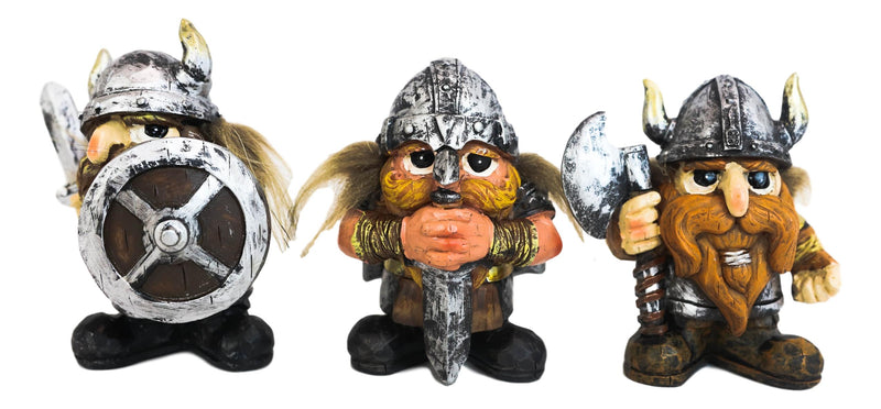 Small Chibi Norse Viking Berserk Warriors with Axe Sword Shield Statue Set of 3