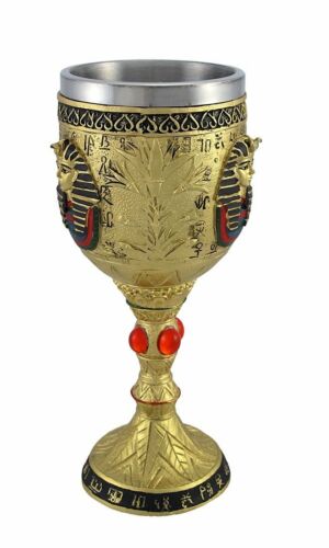 Winged Isis & Pharaoh King Tut Wine Goblets 6 oz. Beverage Chalice Cup Set of 2