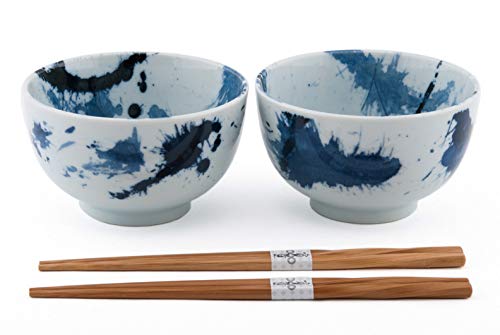 Ebros Japanese Blue Splash Paint Abstract Design Porcelain Bowls With Chopsticks Set 2