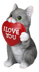 Feline Gray Tabby Cat Kitten Holding Large Red Heart Sign I Love You Figurine