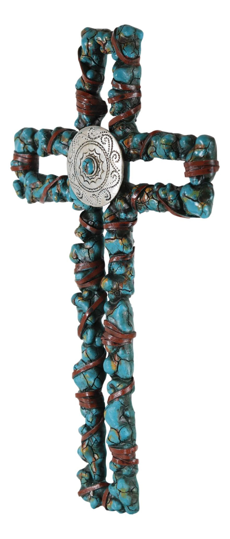 Rustic Southwestern Crackled Turquoise Rocks And Western Concho Wall Cross Decor