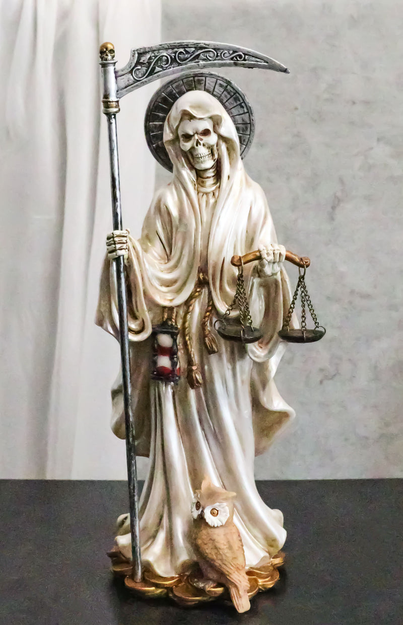 Standing White Santa Muerte With Scythe Scales of Justice And Wise Owl Figurine