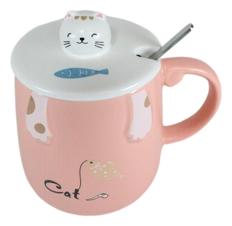 Pack Of 2 Pink Calico Cat Catching Fish Tea Coffee Mug With Lid And Spoon 15oz