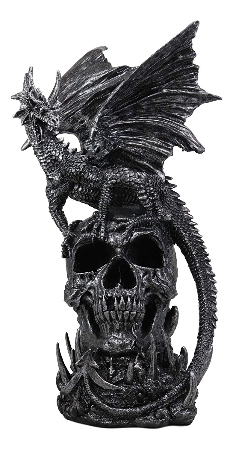 Large Gothic Guardian Behemoth Winged Dragon Standing On Graveyard Skull Statue