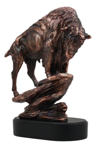 Large North American Bison On Steep Rock Statue 11"H Electroplated Bronze Resin