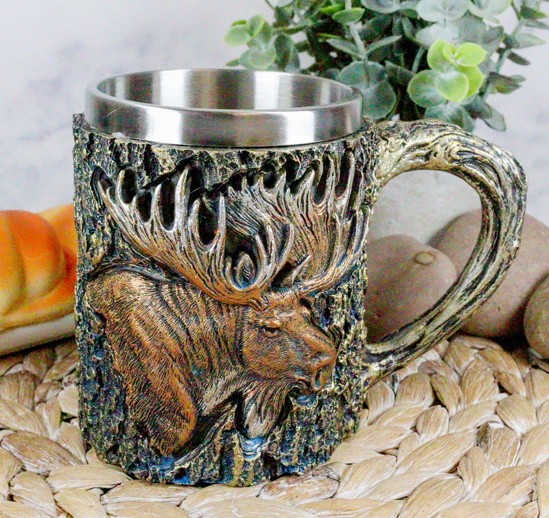 Ebros Emperor Bull Moose Mug Textured With Rustic Tree Bark Bronze Finish 12oz