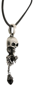 Evil Skull With Roses And Black Gemstones Pewter Necklace Pendant Rubber Cord