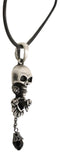 Evil Skull With Roses And Black Gemstones Pewter Necklace Pendant Rubber Cord